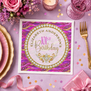 Glam Pink Gold Jewelled Strata 101st Birthday Napkin