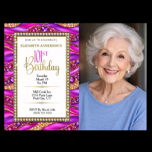 Glam Pink Gold Jewelled Strata 101st Birthday Phot Invitation