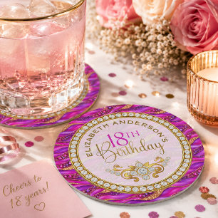 Glam Pink Gold Jewelled Strata 18th Birthday Round Paper Coaster