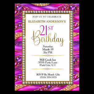 Glam Pink Gold Jewelled Strata 21st Birthday Invitation