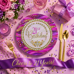 Glam Pink Gold Jewelled Strata 21st Birthday Paper Plate