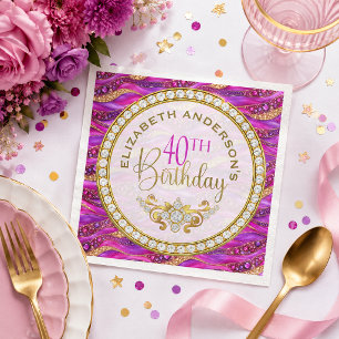 Glam Pink Gold Jewelled Strata 40th Birthday Napkin