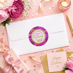 Glam Pink Gold Jewelled Strata 75th Birthday Classic Round Sticker