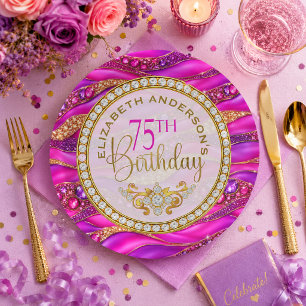 Glam Pink Gold Jewelled Strata 75th Birthday Paper Plate