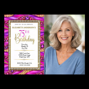 Glam Pink Gold Jewelled Strata 75th Photo Birthday Invitation