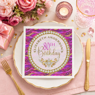 Glam Pink Gold Jewelled Strata 80th Birthday Napkin