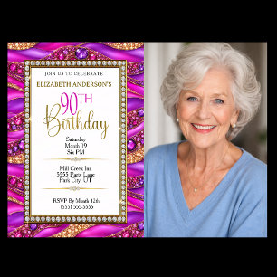 Glam Pink Gold Jewelled Strata 90th Birthday Photo Invitation