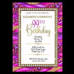 Glam Pink Gold Jewelled Strata 99th Birthday Invitation