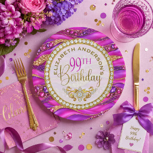 Glam Pink Gold Jewelled Strata 99th Birthday Paper Plate