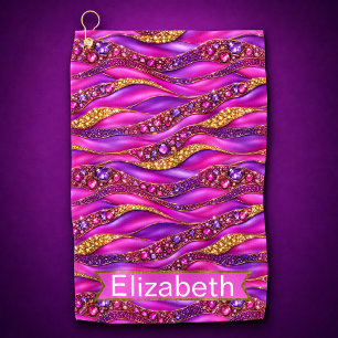 Glam Pink Gold Jewelled Strata Personalised Golf Towel