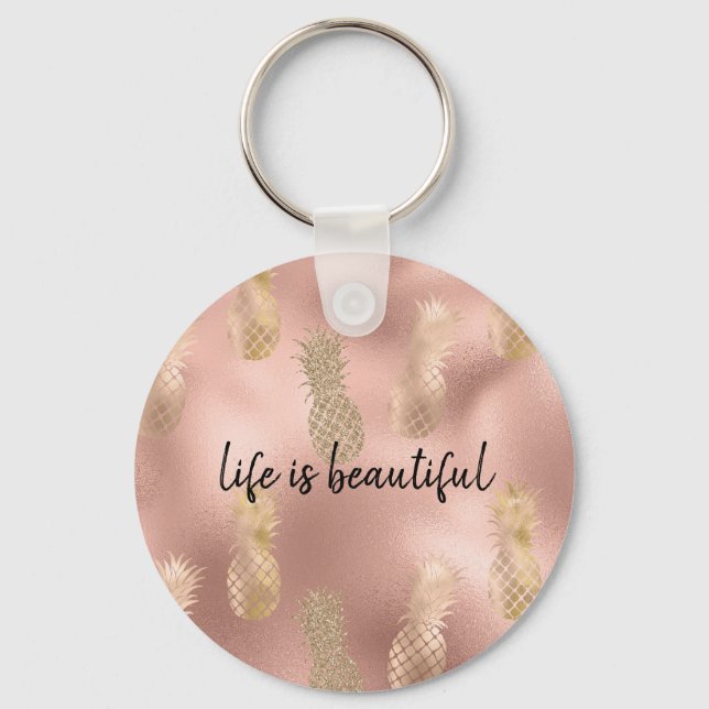 Glam Pink Gold Pineapples Key Ring (Front)