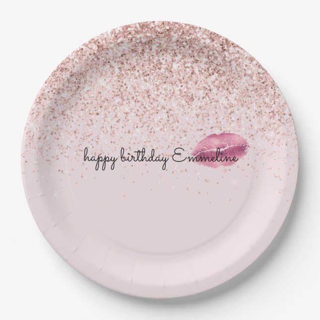 Glam Pink Kiss Lips Blush Glitter      Paper Plate (Front)