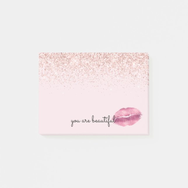 Glam Pink Kiss Lips Blush Glitter Post-it Notes (Front)