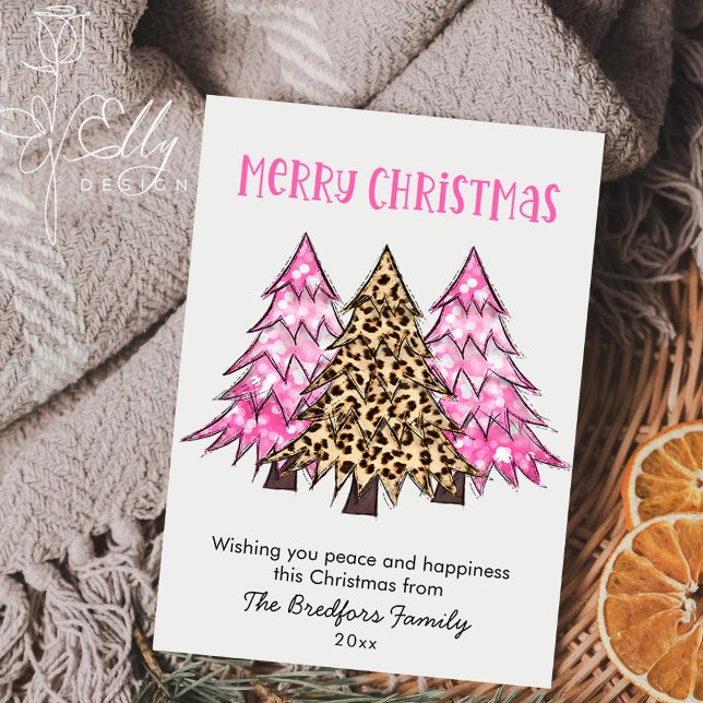 Glam Pink Leopard Print Christmas Trees Minimalist Holiday Card (Creator Uploaded)