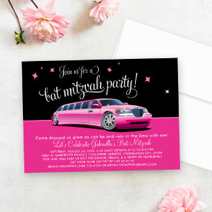 Glam Pink Limo Bat Mitzvah Party Invitation