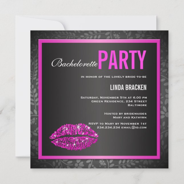 Glam Pink Lips Black Bachelorette Invitation (Front)