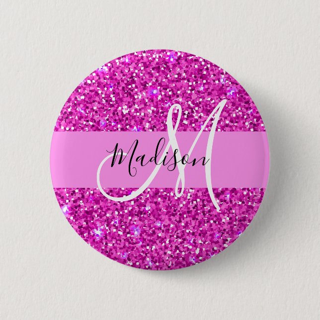 Glam Pink & Magenta Glitter Sparkle Monogram Name 6 Cm Round Badge (Front)