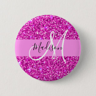 Glam Pink & Magenta Glitter Sparkle Monogram Name 6 Cm Round Badge