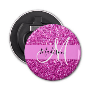 Glam Pink & Magenta Glitter Sparkle Monogram Name Bottle Opener