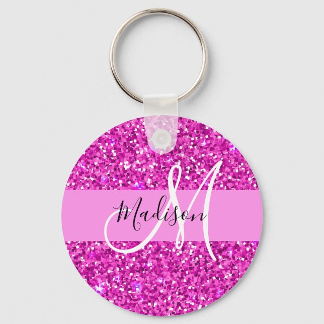 Glam Pink & Magenta Glitter Sparkle Monogram Name Key Ring (Front)