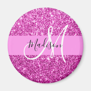Glam Pink & Magenta Glitter Sparkle Monogram Name Magnet