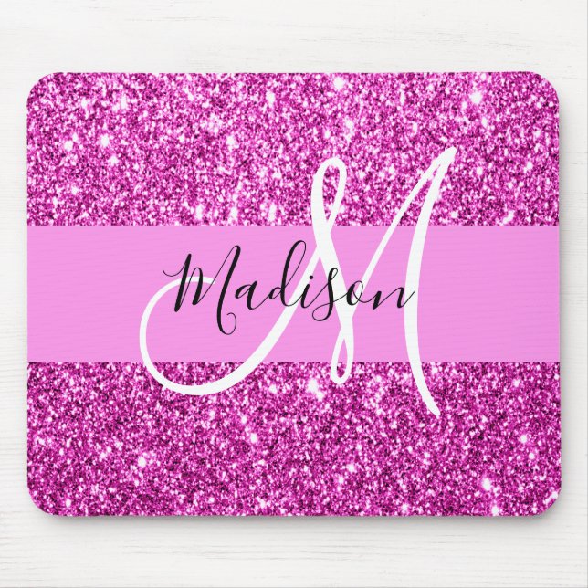 Glam Pink & Magenta Glitter Sparkle Monogram Name Mouse Pad (Front)