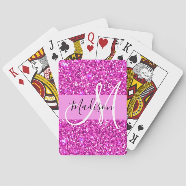 Glam Pink & Magenta Glitter Sparkle Monogram Name Playing Cards (Back)