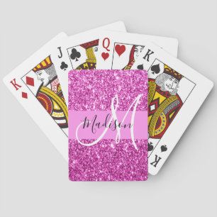 Glam Pink & Magenta Glitter Sparkle Monogram Name Playing Cards