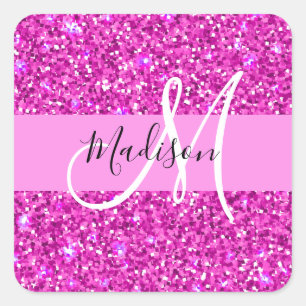 Glam Pink & Magenta Glitter Sparkle Monogram Name Square Sticker