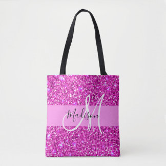 Glam Pink & Magenta Glitter Sparkle Monogram Name Tote Bag