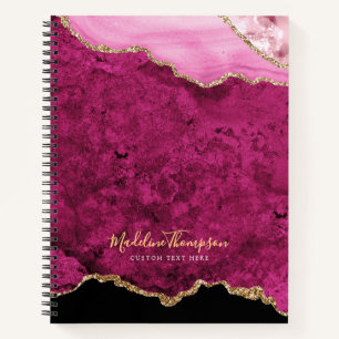 Glam Pink Magenta Velvet Agate Geode Gold Script Notebook