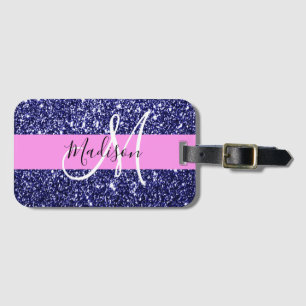 Glam Pink Navy Blue Glitter Sparkles Name Monogram Luggage Tag