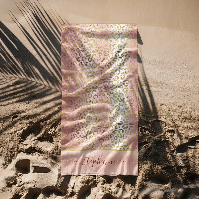 Glam Pink Ombre Gold Leopard Pattern Personalised Beach Towel (Glam Pink Ombre Gold Leopard Pattern Personalized Beach Towel)