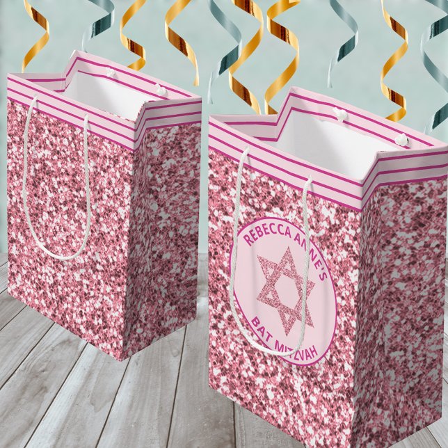 Glam Pink Party Favours Or Presents Bat Mitzvah Medium Gift Bag (The pink faux glitter gift bags are great for both Bat Mitzvah party favors and gift presentation)