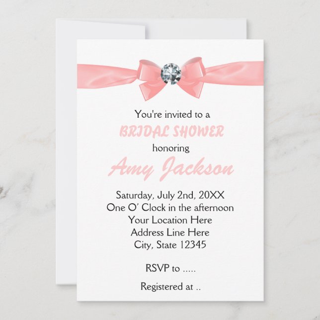 Glam Pink Peach Diamond Bow Bridal Invitation (Front)