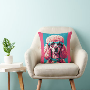 Glam Pink Poodle In Teal Sunglasses & Heart Callor Cushion