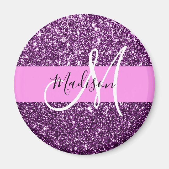 Glam Pink & Purple Glitter Sparkles Monogram Name Magnet (Front)