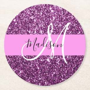 Glam Pink & Purple Glitter Sparkles Monogram Name Round Paper Coaster