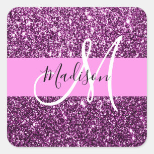 Glam Pink & Purple Glitter Sparkles Monogram Name Square Sticker