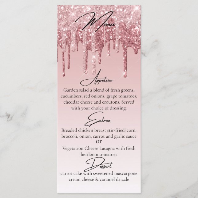 Glam Pink Rose Gold Glitter Drip Elegant Menu (Front)