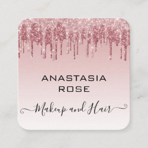 Glam Pink Rose Gold Glitter Drips Makeup Artist Square Business Card