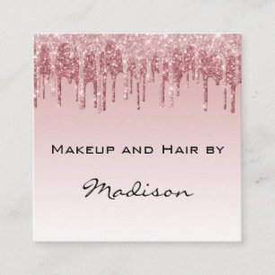 Glam Pink Rose Gold Glitter Drips Makeup Artist Square Business Card