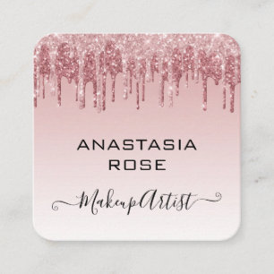 Glam Pink Rose Gold Glitter Drips Makeup Artist Square Business Card
