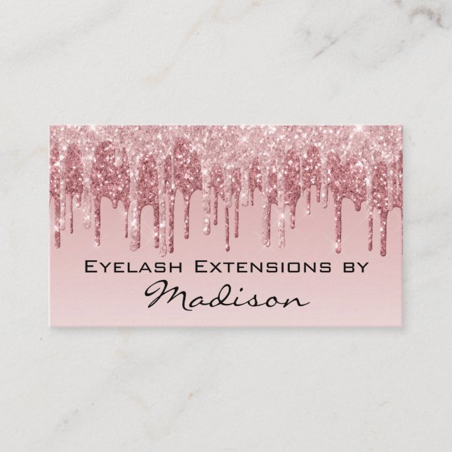 Glam Pink Rose Gold Glitter Drips Makeup Eyelash Business Card (Front)