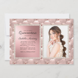 Glam Pink Rose Gold Quinceañera Photo Pearls Invitation