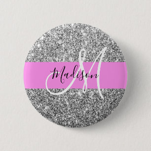 Glam Pink & Silver Glitter Sparkles Monogram Name 6 Cm Round Badge