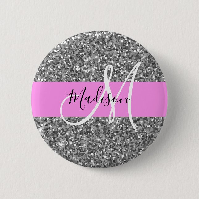 Glam Pink & Silver Glitter Sparkles Monogram Name 6 Cm Round Badge (Front)