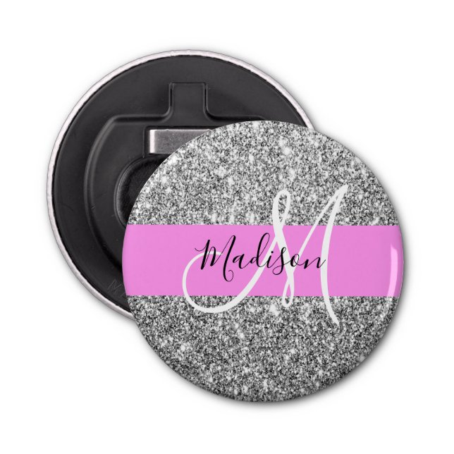 Glam Pink & Silver Glitter Sparkles Monogram Name Bottle Opener (Front)