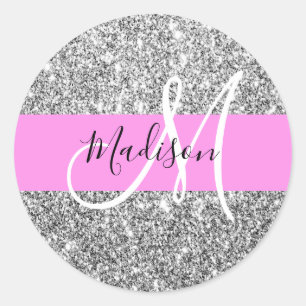 Glam Pink & Silver Glitter Sparkles Monogram Name Classic Round Sticker