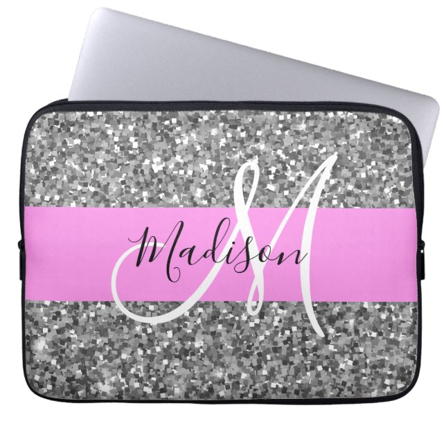 Glam Pink & Silver Glitter Sparkles Monogram Name Laptop Sleeve (Front)